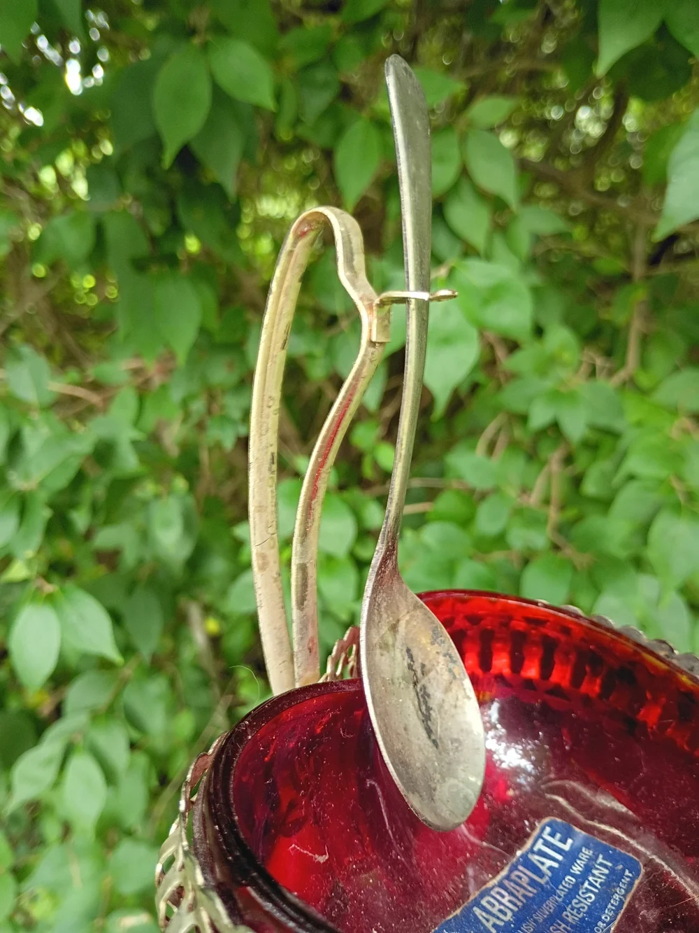 VTG Heart Shaped Silver Plate Jam/Sugar Dish Red Glass w Spoon Sheffield England